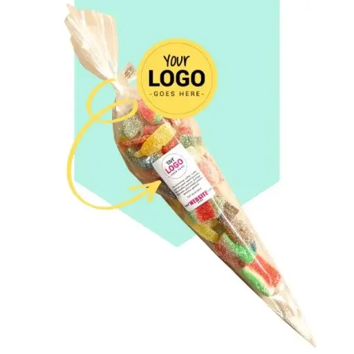 Bedrukte snoepzakjes met logo (mix zuur-suiker)150g